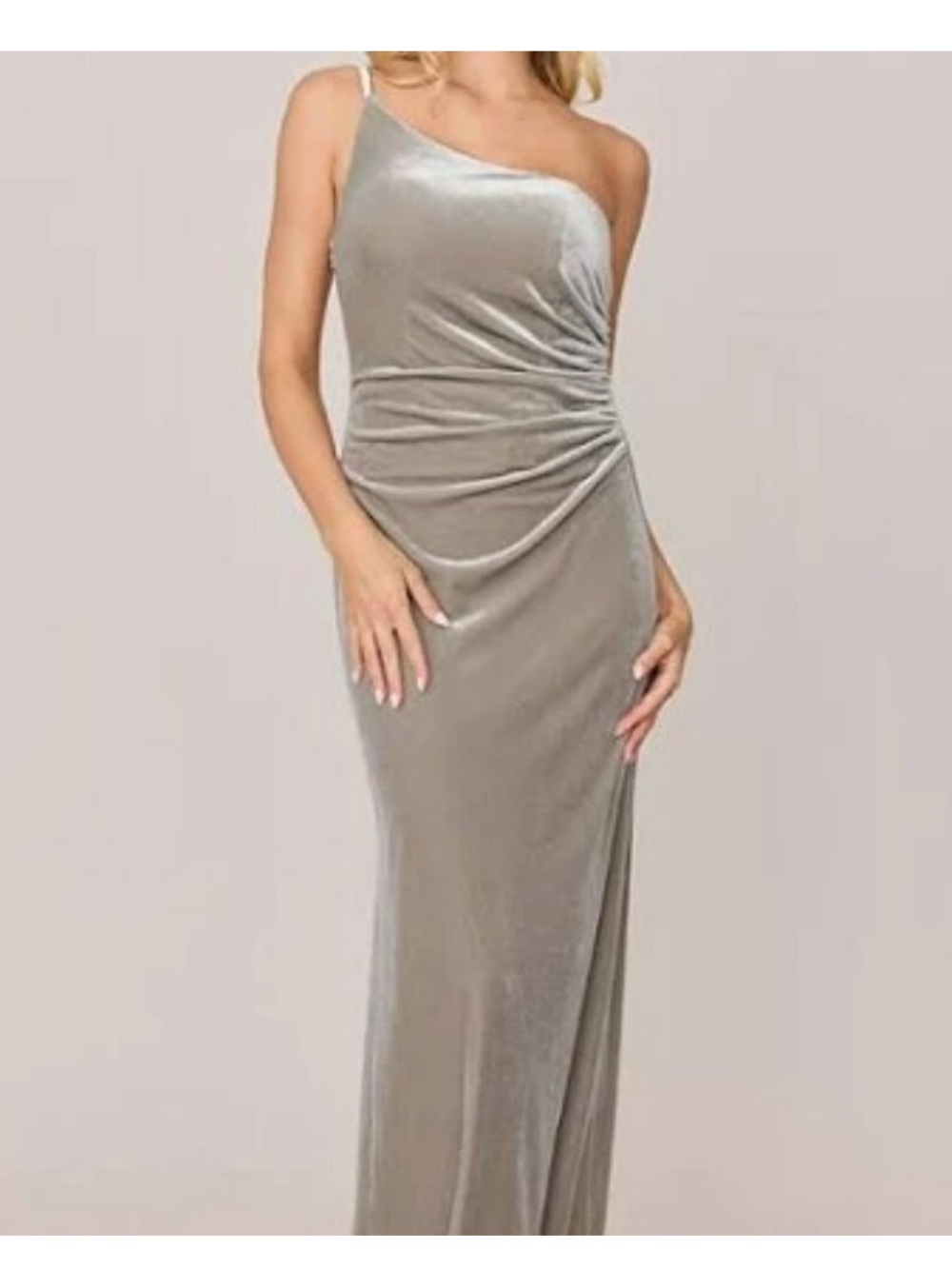 Revelry Sage Light Green One Shoulder Velvet Evening Gown 4